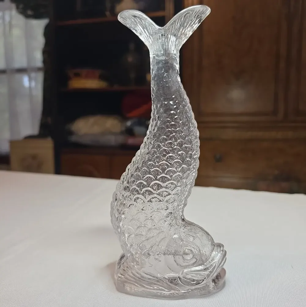 Vintage 1970s Clear Molded Glass Fish Carafe Vase Decanter Koi Carp Pitcher 10